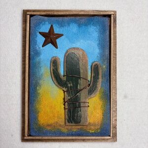 Mixed Media Wall Art Saguaro Cactus Scene Sunset Stars Desert Wood Arizona 6x8